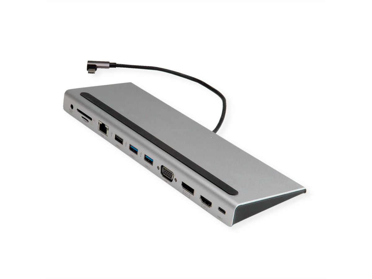 VALUE Dockingstation – USB-C, DP/HDMI/VGA, 3× USB-A, GbE, SD/microSD, 3,5 mm Audio, für Windows/Mac