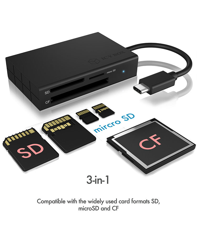 ICY BOX IB-CR401-C3 Kartenleser – 3 Steckplätze (CF, SD, microSD), 5 Gbit/s, USB-C (USB 3.2 Gen 1) – Schwarz