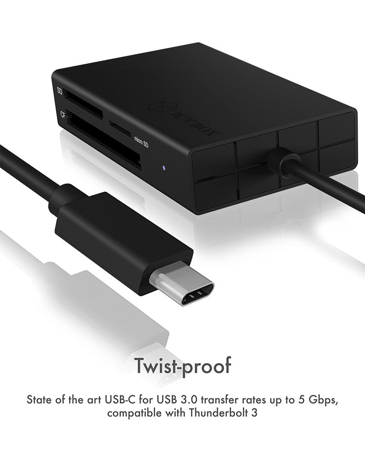 ICY BOX IB-CR401-C3 Kartenleser – 3 Steckplätze (CF, SD, microSD), 5 Gbit/s, USB-C (USB 3.2 Gen 1) – Schwarz