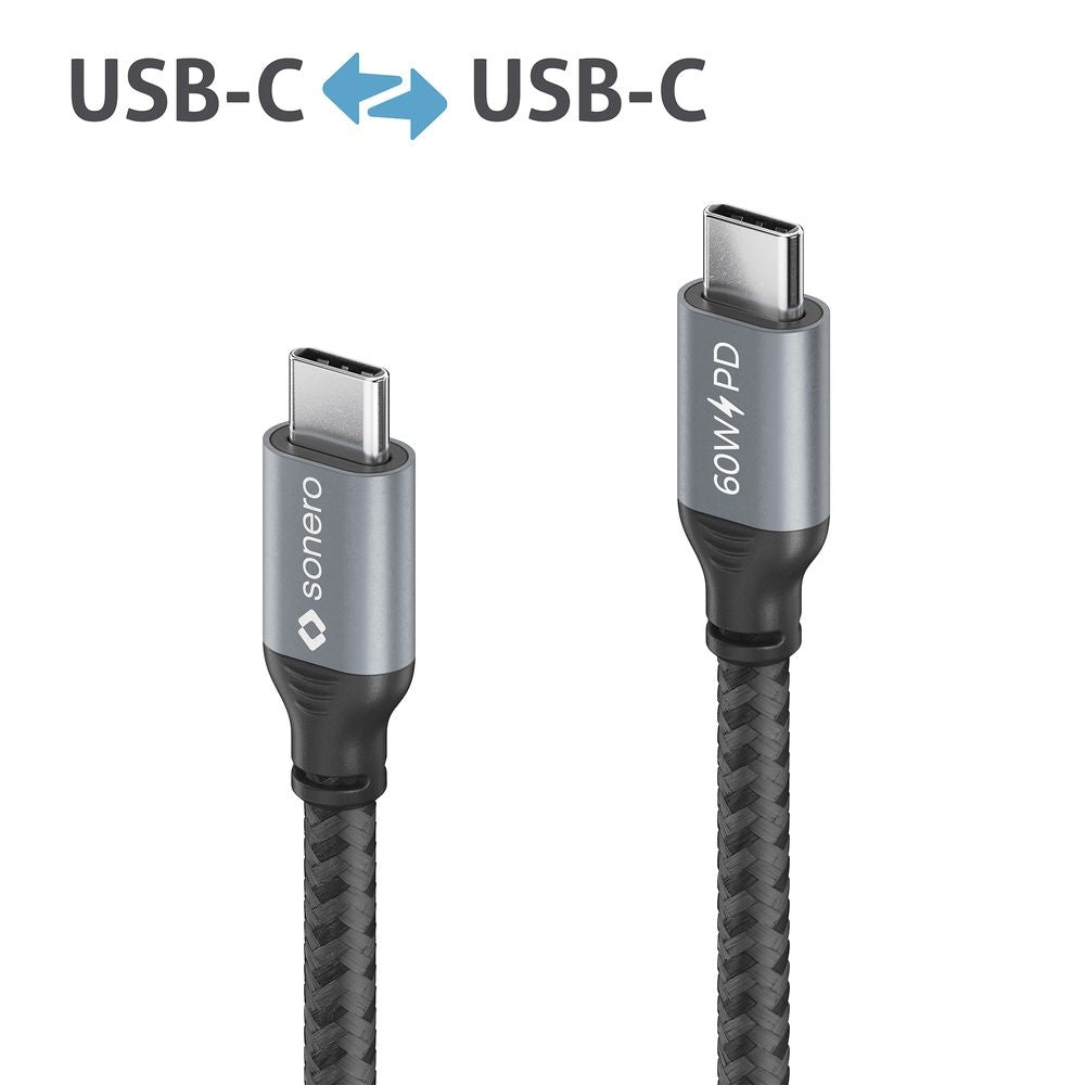 sonero USB-C auf USB-C Kabel – USB 2.0 (480 Mbit/s) – 1 m – PD 60 W – Textilmantel – Schwarz/Grau