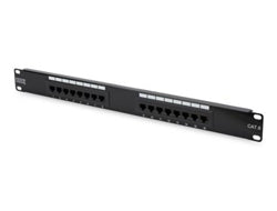 Digitus Patchpanel Cat6 (Klasse E) – 16× RJ‑45, 1U (Rackeinbau), Schwarz, galvanisierter Stahl (SECC)