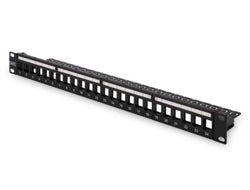 Digitus Patchpanel – 24-Port, unbestückt, 1U, schwarz, für Cat5e, Cat6, Cat6a