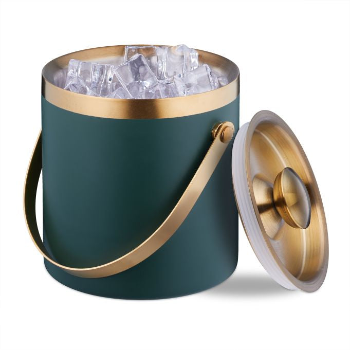 Relaxdays Eiswürfelbehälter – 1,5 l, Edelstahl/Silikon, Gold/Grün, mit Deckel, Ø 15 × 17 cm