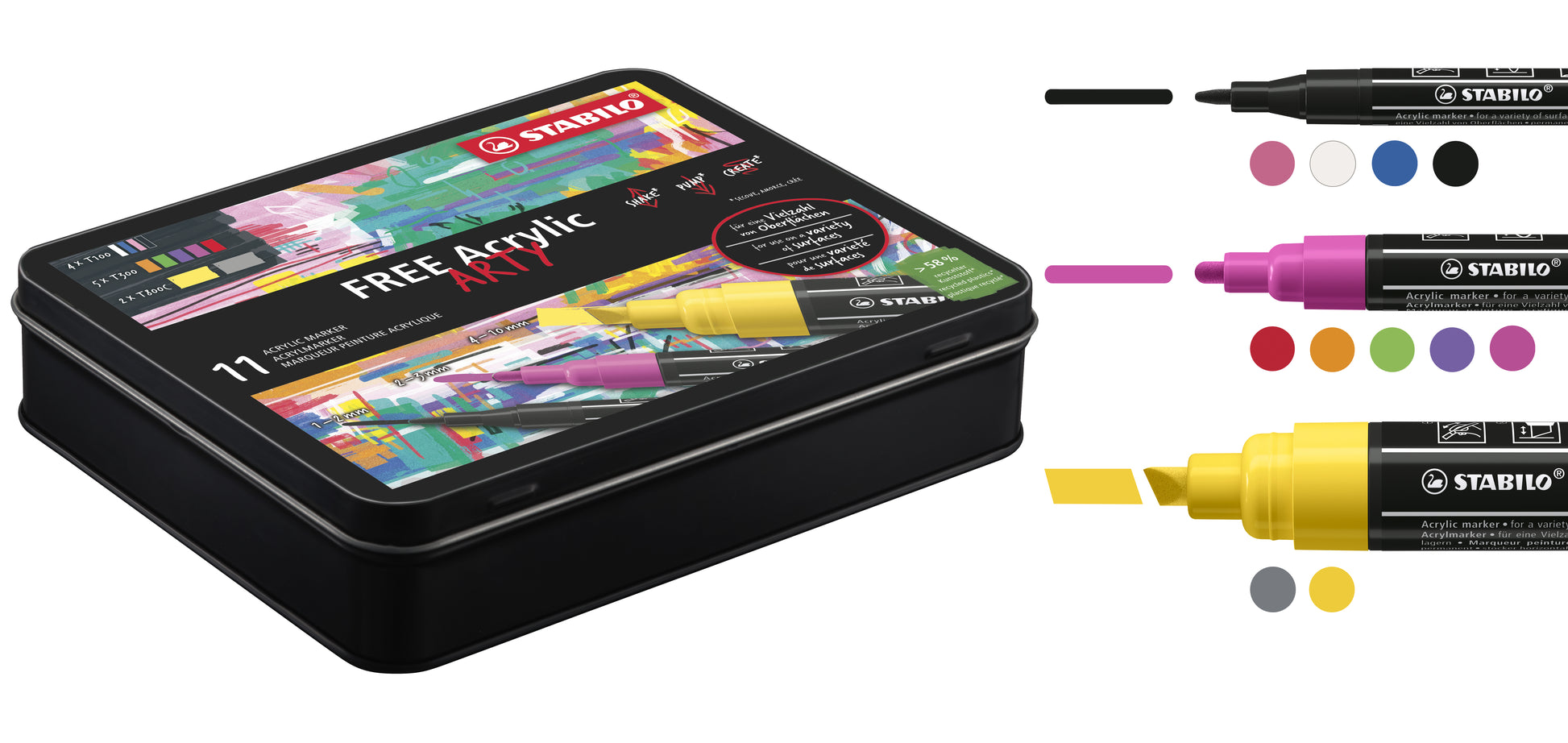STABILO FREE Acrylmarker – 3 mm – mehrfarbig, 11er-Set, für Stein