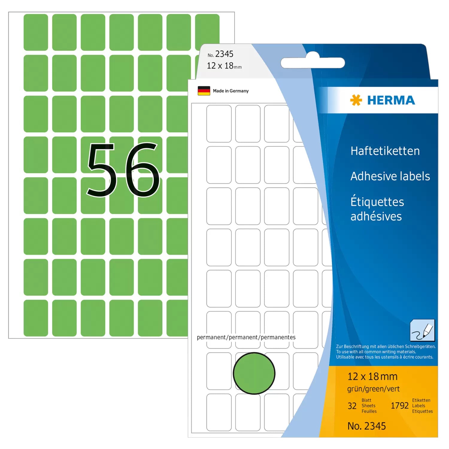 HERMA Haftetiketten – rechteckig 12 × 18 mm, stark haftend, grün, 32 Blatt (1'792 Stk.)