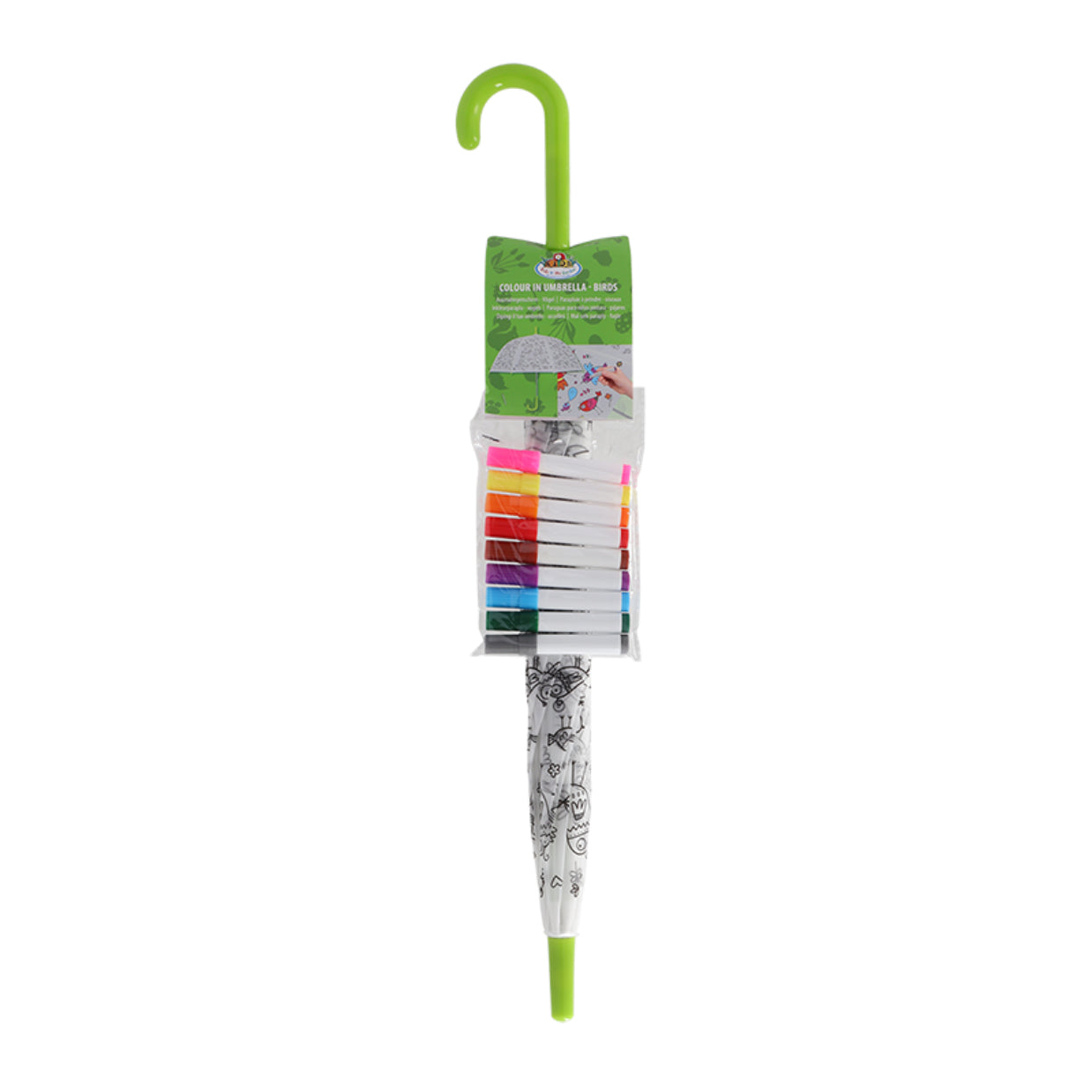 Esschert Design Kinderregenschirm – Ø 70,5 cm – Weiss Vögel – zum Ausmalen, mit Markern