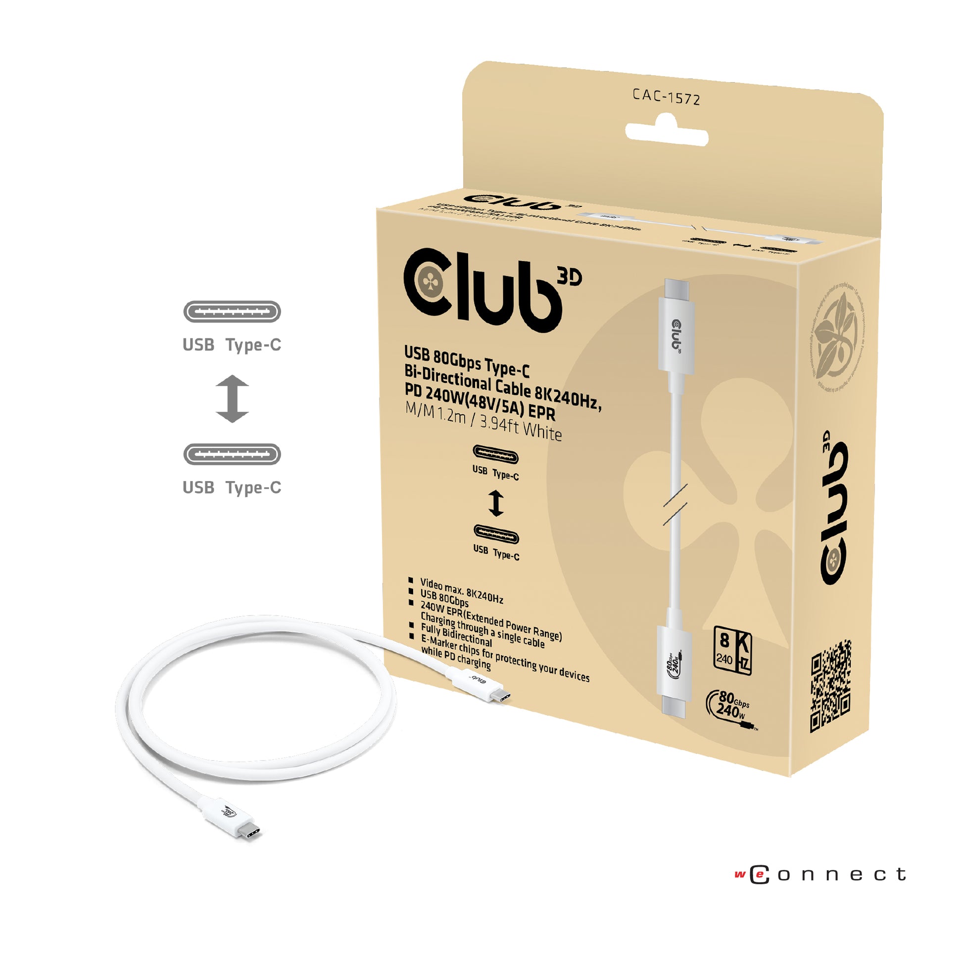 CLUB3D Club 3D – USB-C auf USB-C Kabel – USB4 80 Gbit/s – 1,2 m – PD 240 W – USB-IF zertifiziert – Weiss