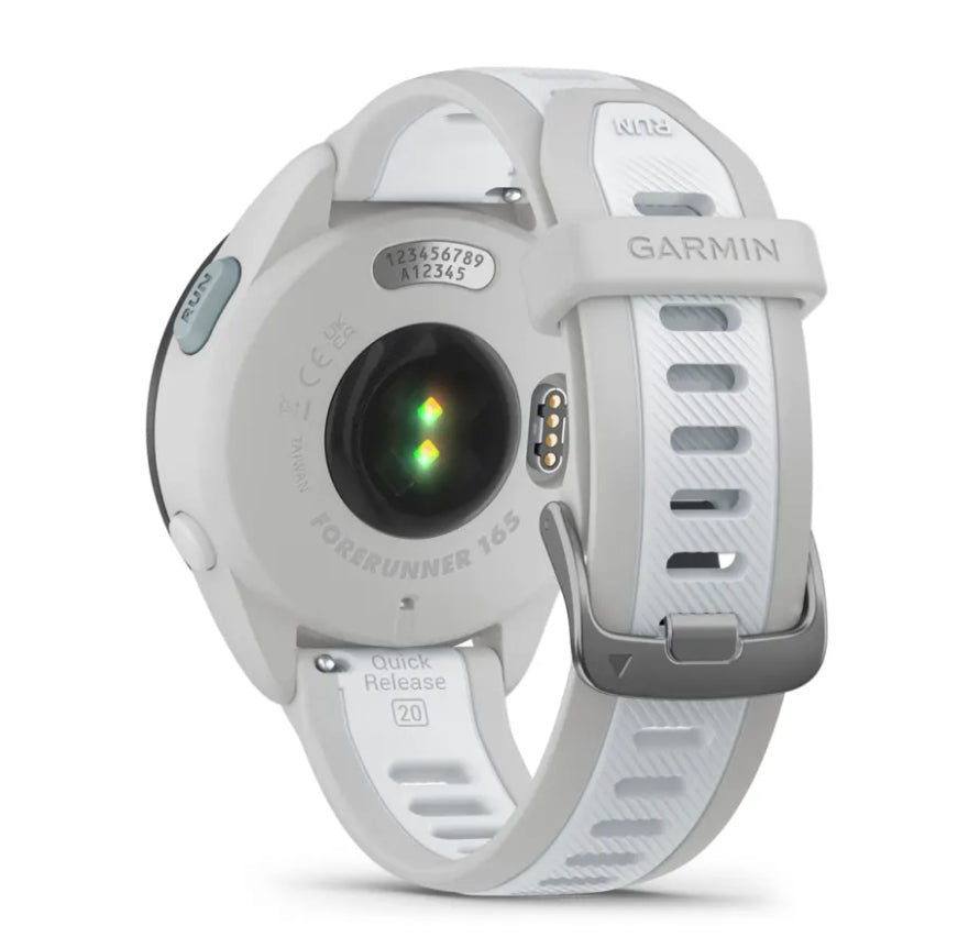 Garmin Forerunner 165 – GPS-Smartwatch – 43 mm, 1,2", GPS, AMOLED, 5 ATM, Hellgrau/Weiss, Sportarmband