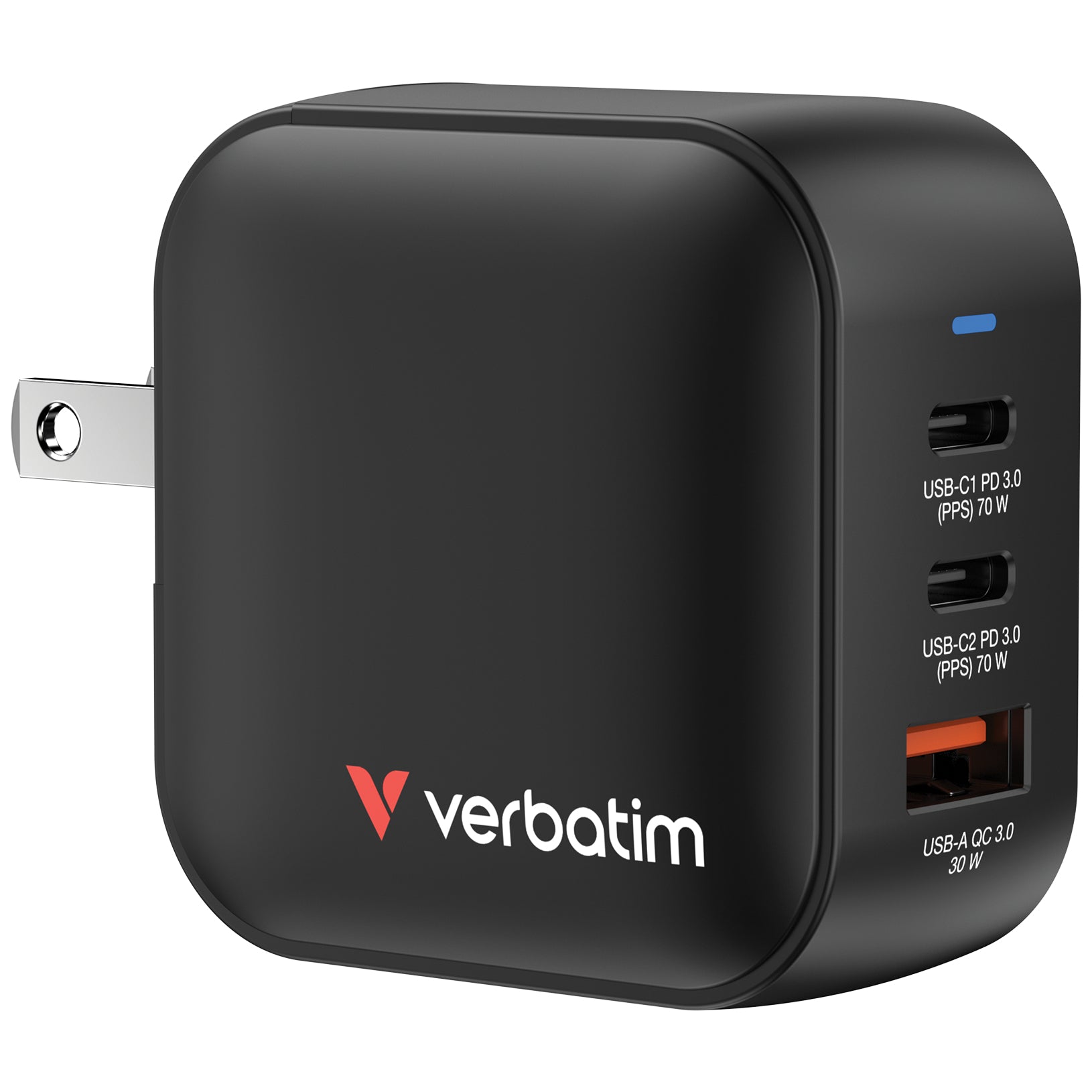 Verbatim Mini GaN Ladegerät 70 W USB-Ladegerät – USB-C×2, USB-A×1 – PD, PPS, QC 3.0