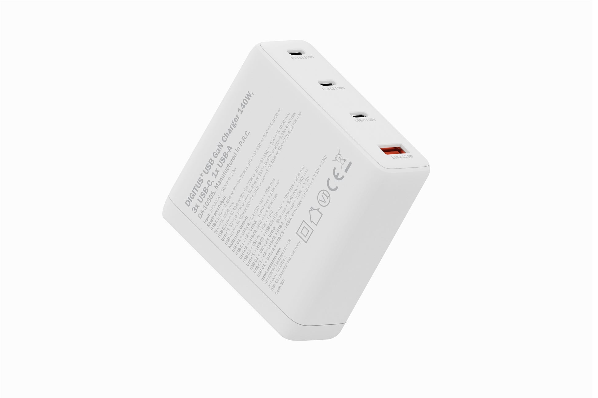 Digitus USB-Wandladegerät 140 W – USB-C×3, USB-A×1 – GaN – Weiss