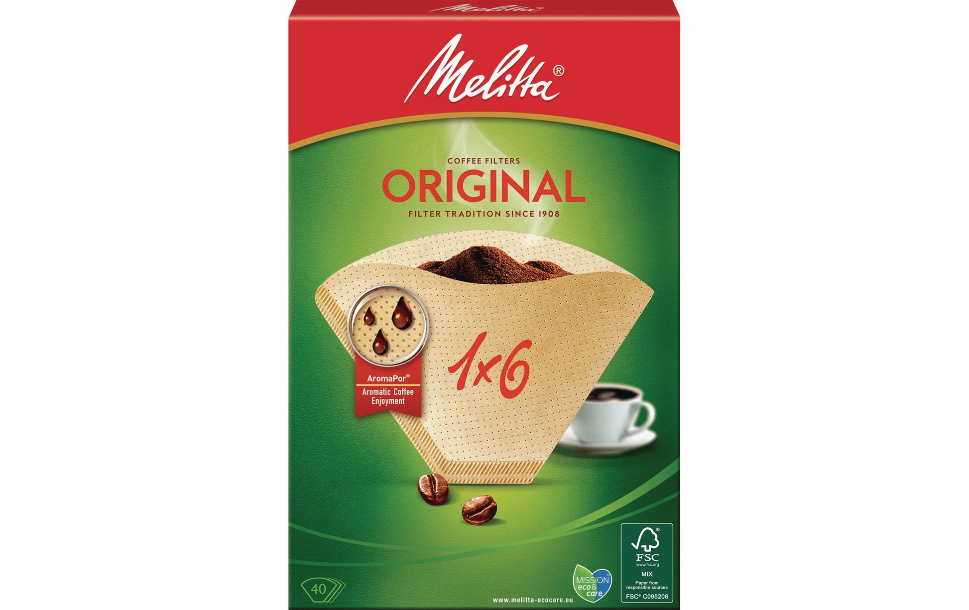 Melitta Kaffeefilter 1×6, 40 Stk., Papier, Braun, Ungebleicht