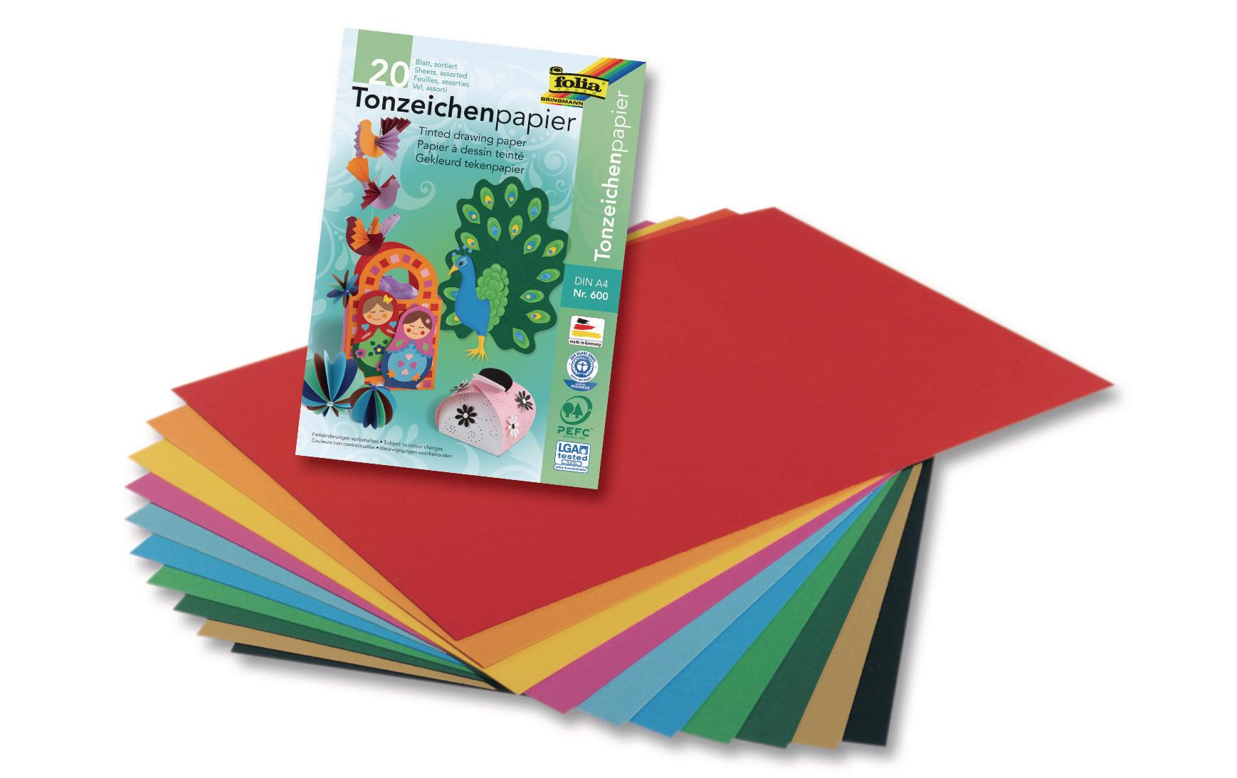Folia Zeichenpapier A4, 130 g/m², 20 Blatt, mehrfarbig, matt, strukturiert, geleimt, säurefrei, PEFC