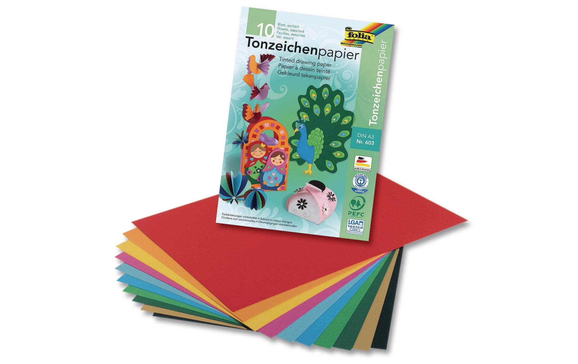 Folia Zeichenpapier A3, 130 g/m², 10 Blatt, mehrfarbig, strukturiert, geleimt, säurefrei, PEFC