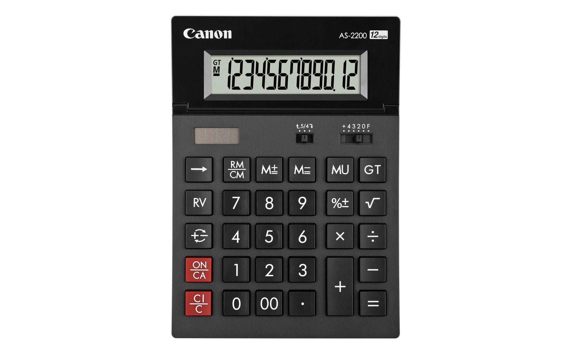 Canon Tischrechner AS-2200 – 12-stellig, LCD, Prozent/Rundung, Solar + Batterie, Schwarz