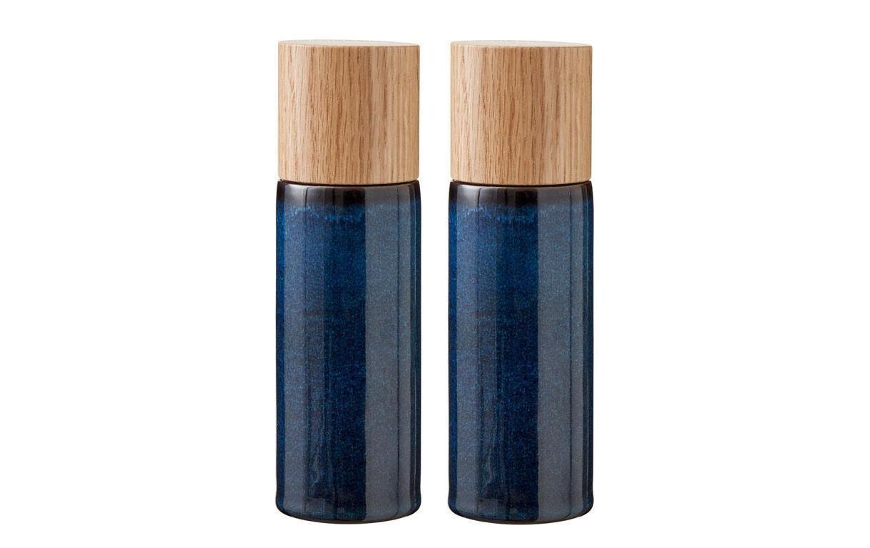BITZ Salz- und Pfeffermühle 16,7 cm, Eiche/Keramik, Dunkelblau, 2er-Set