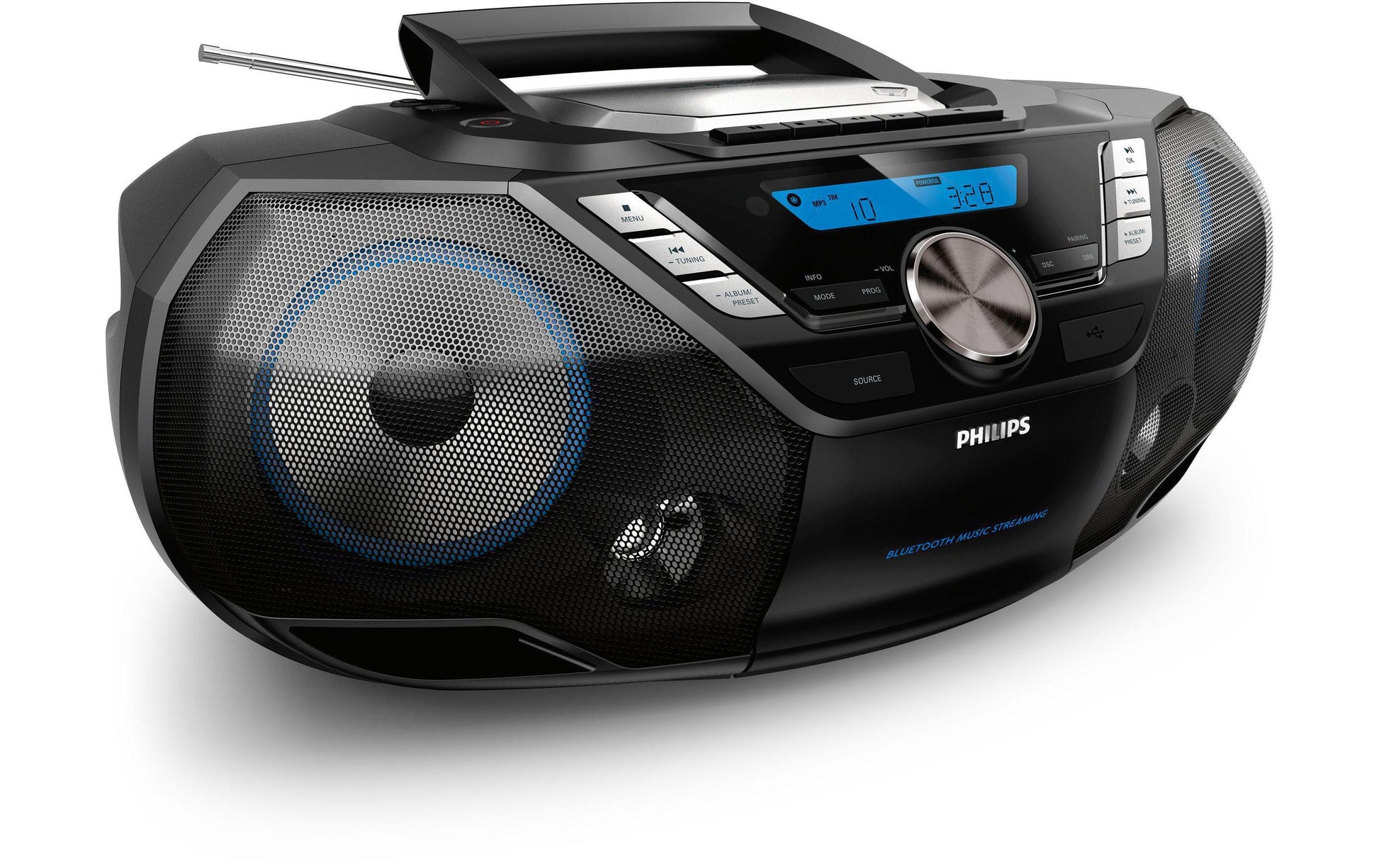 Philips AZB798T/12 – Mobiler CD-Player, DAB+/FM, Bluetooth, CD & Kassette, USB, 12 W, Batterie/Netz – Schwarz