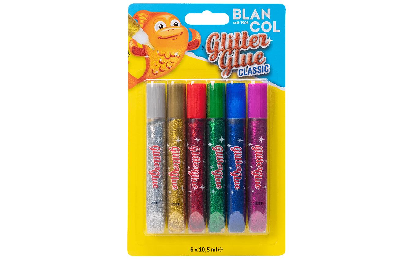 BLANCOL Glitzerkleber Classic – farbig sortiert – Set 6 × 10,5 ml – auswaschbar, lösungsmittelfrei