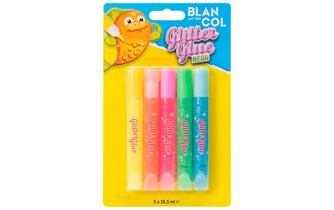 BLANCOL Glitzerkleber Neon – farbig sortiert – Set 5 × 10,5 ml – auswaschbar, lösungsmittelfrei – für Basteln