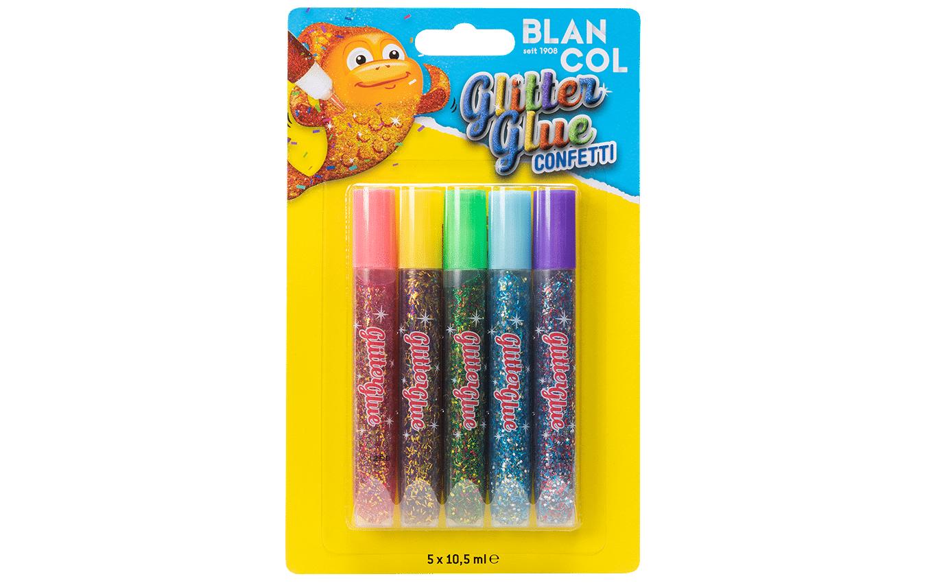 BLANCOL Glitzerkleber Confetti – farbig sortiert – Set 5 × 10,5 ml – auswaschbar, lösungsmittelfrei