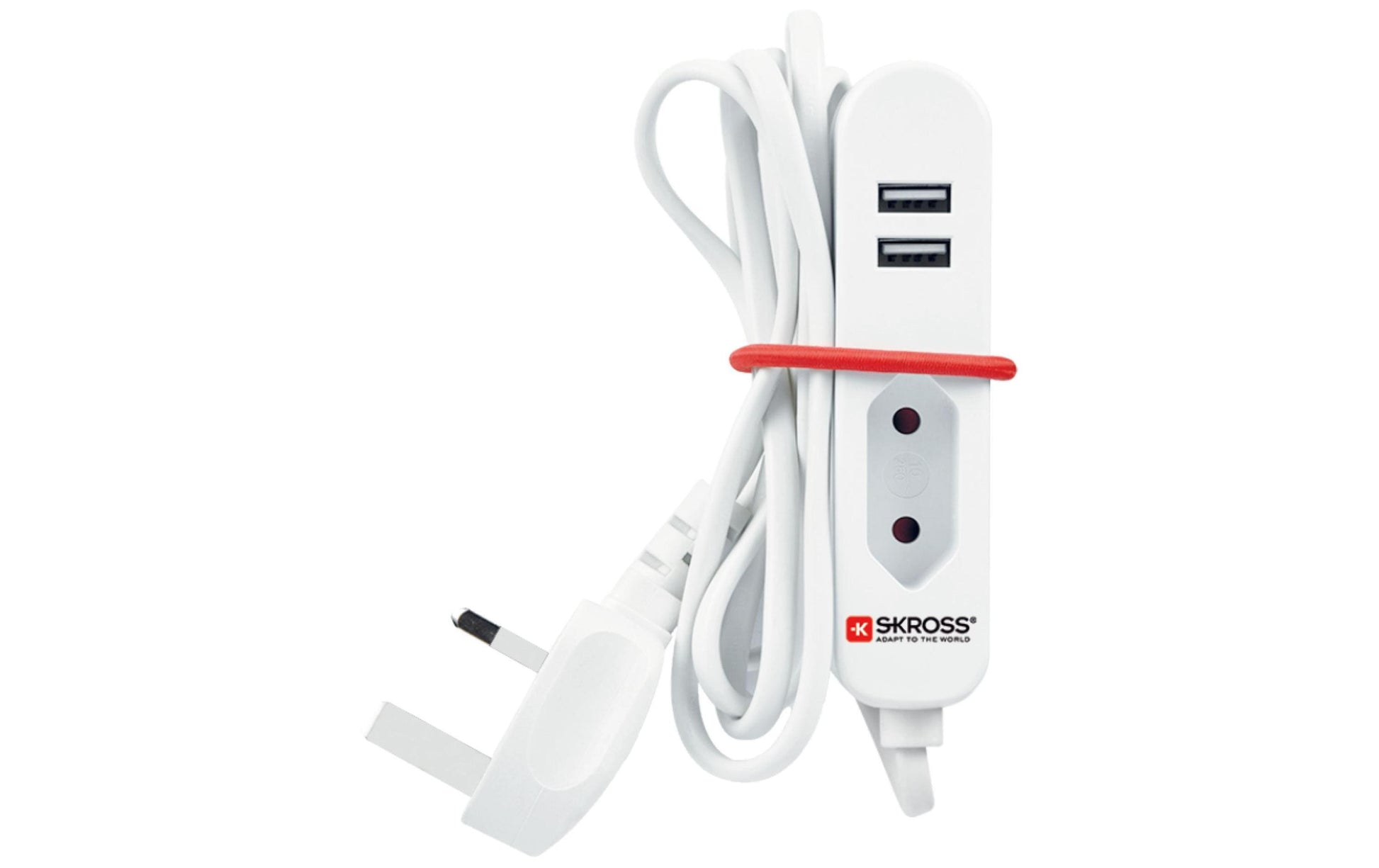 Skross Steckdosenleiste Travel Station – 1× EU-Dose, UK-Stecker, 2× USB 2,1 A, 1,5 m Kabel – Weiss