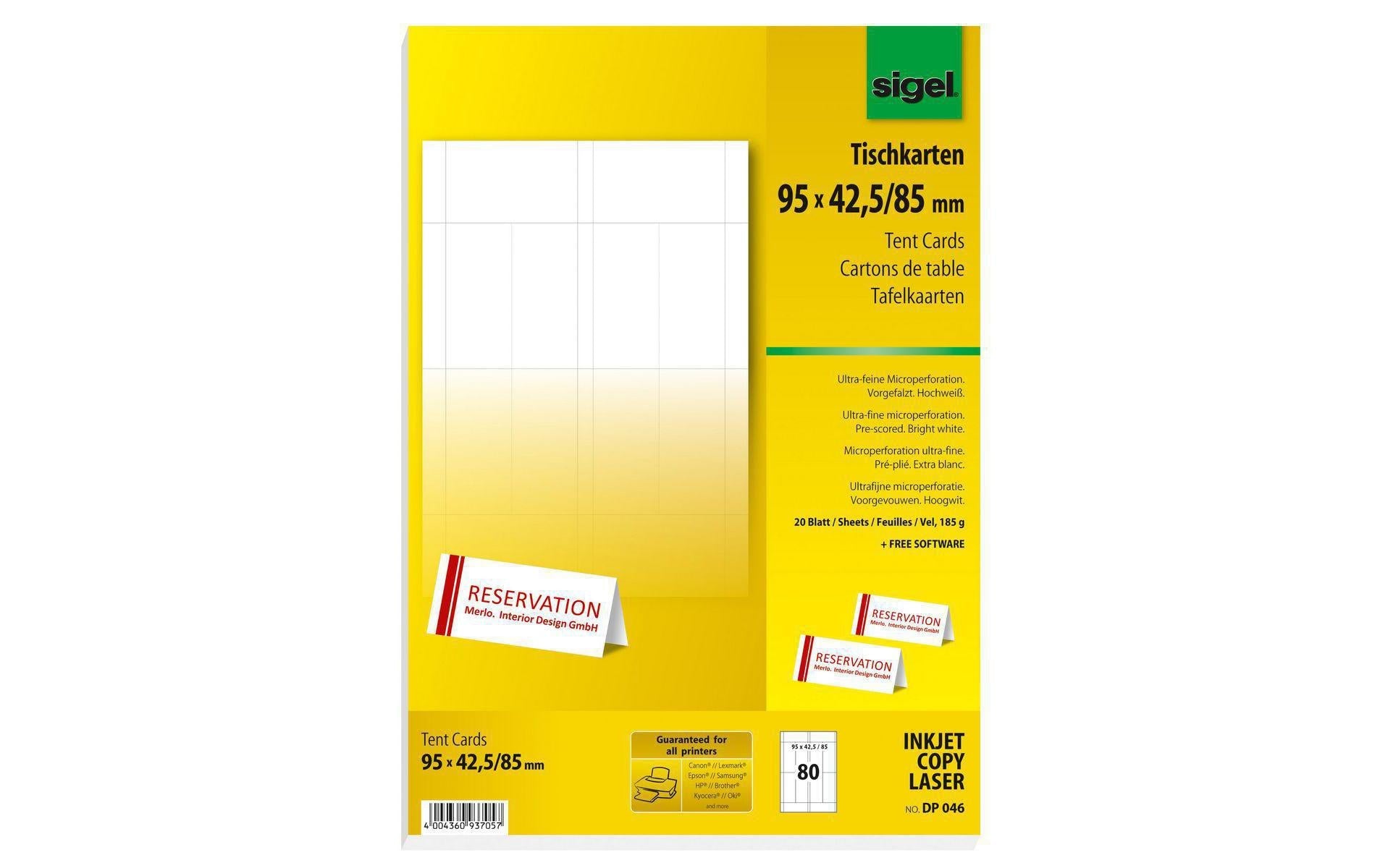 Sigel Tischkarten 95 × 85 mm, 185 g/m², weiss, Papier, vorgefalzt – für Inkjet, Laser, Kopierer – 80 Karten