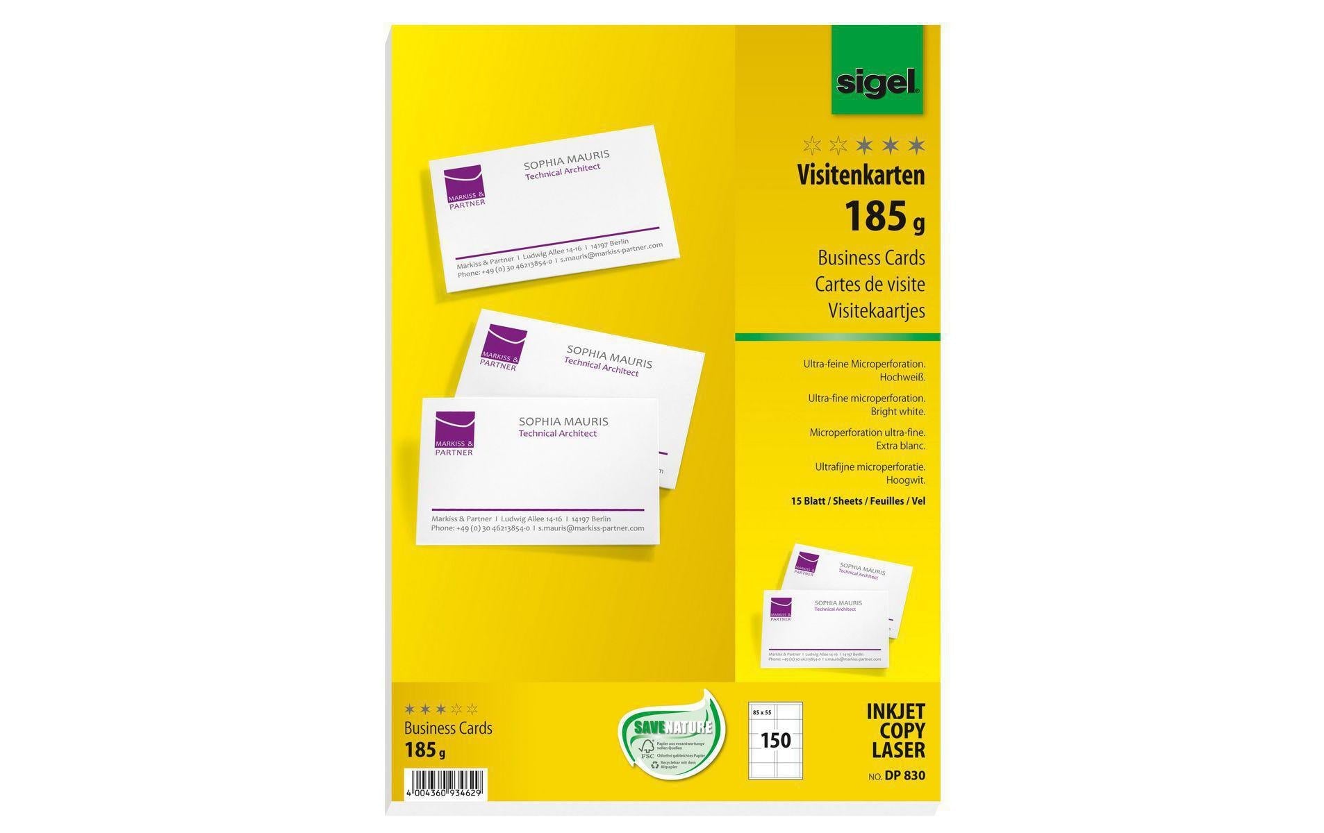 Sigel Visitenkarten, 85 × 55 mm – A4, 10 pro Blatt – 150 Karten – FSC-zertifiziert, beidseitig bedruckbar
