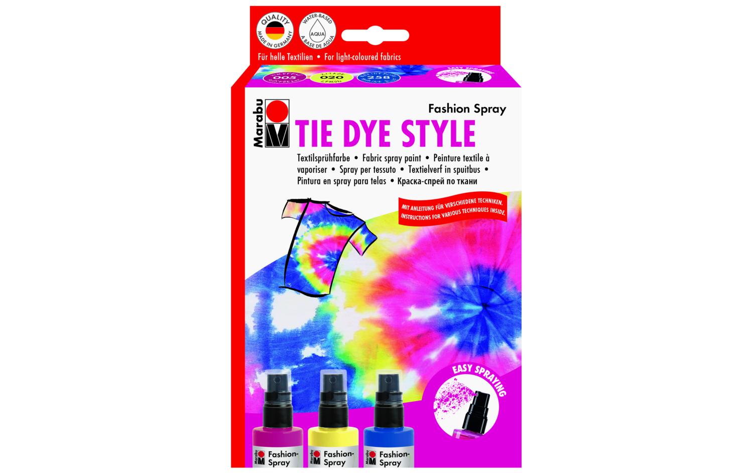 Marabu TIE DYE STYLE – Textilsprühfarben-Set – Himbeere, Zitrone, Marineblau – 3 × 100 ml – Wasserbasiert
