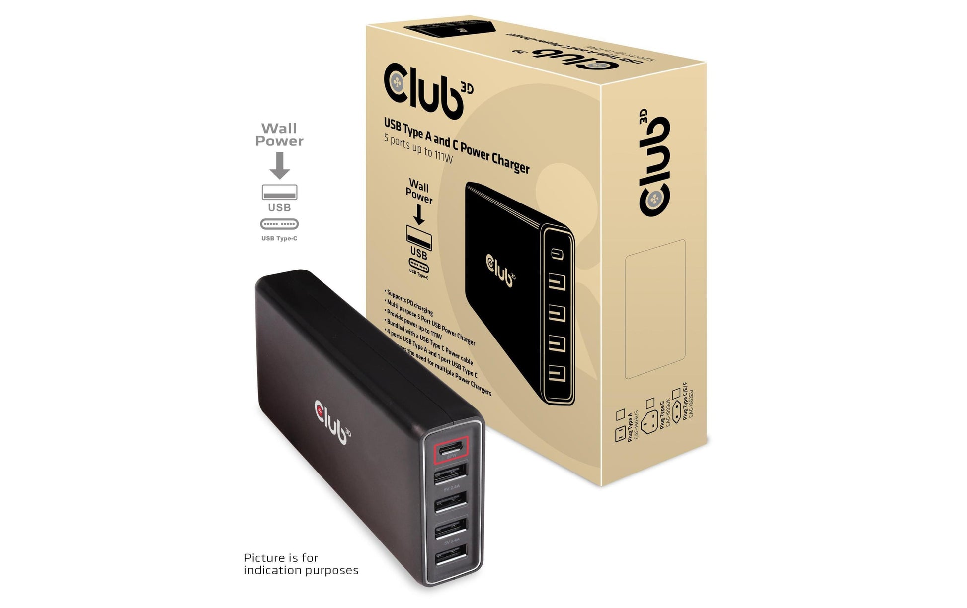 CLUB3D Club 3D Ladestation – 111 W, 4× USB-A + 1× USB-C, PD