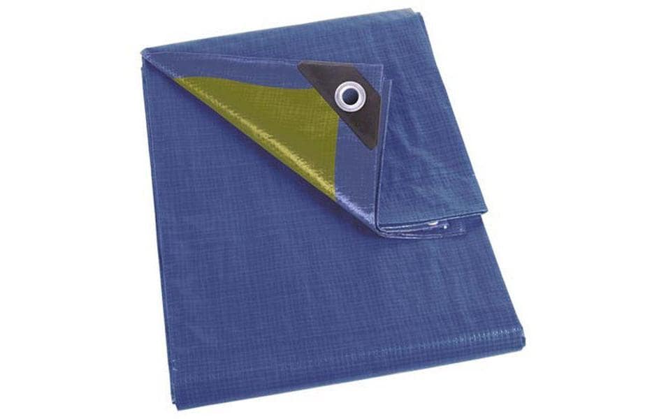 Perel Abdeckplane – 5 m × 8 m, Kunststoff, 110 g/m², Blau/Khaki, wasserdicht, Ösen, verstärkte Kanten