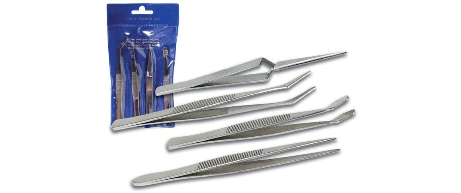 Velleman Pinzettenset – 4-teilig, gebogen, flach, selbstschliessend, universal – Edelstahl, antimagnetisch
