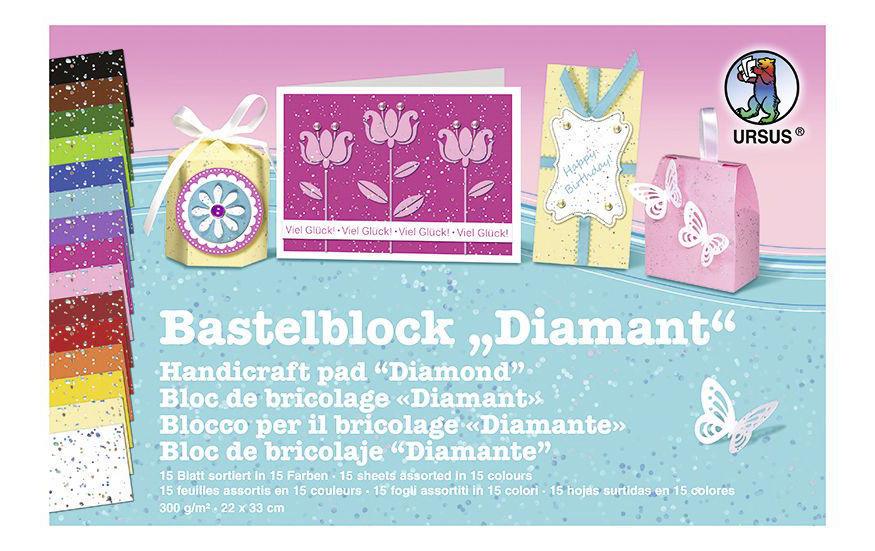 URSUS Designpapierblock Diamant – 22 × 33 cm, sortiert, 300 g/m² – 15 Blatt