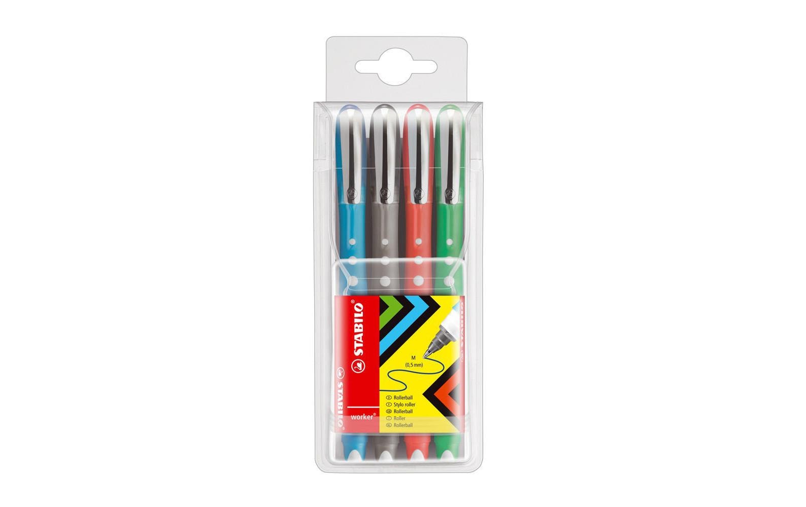STABILO worker+ colorful – Tintenroller-Set, mit Kappe, 0,5 mm, farbig sortiert, 4er Etui, für Linkshänder