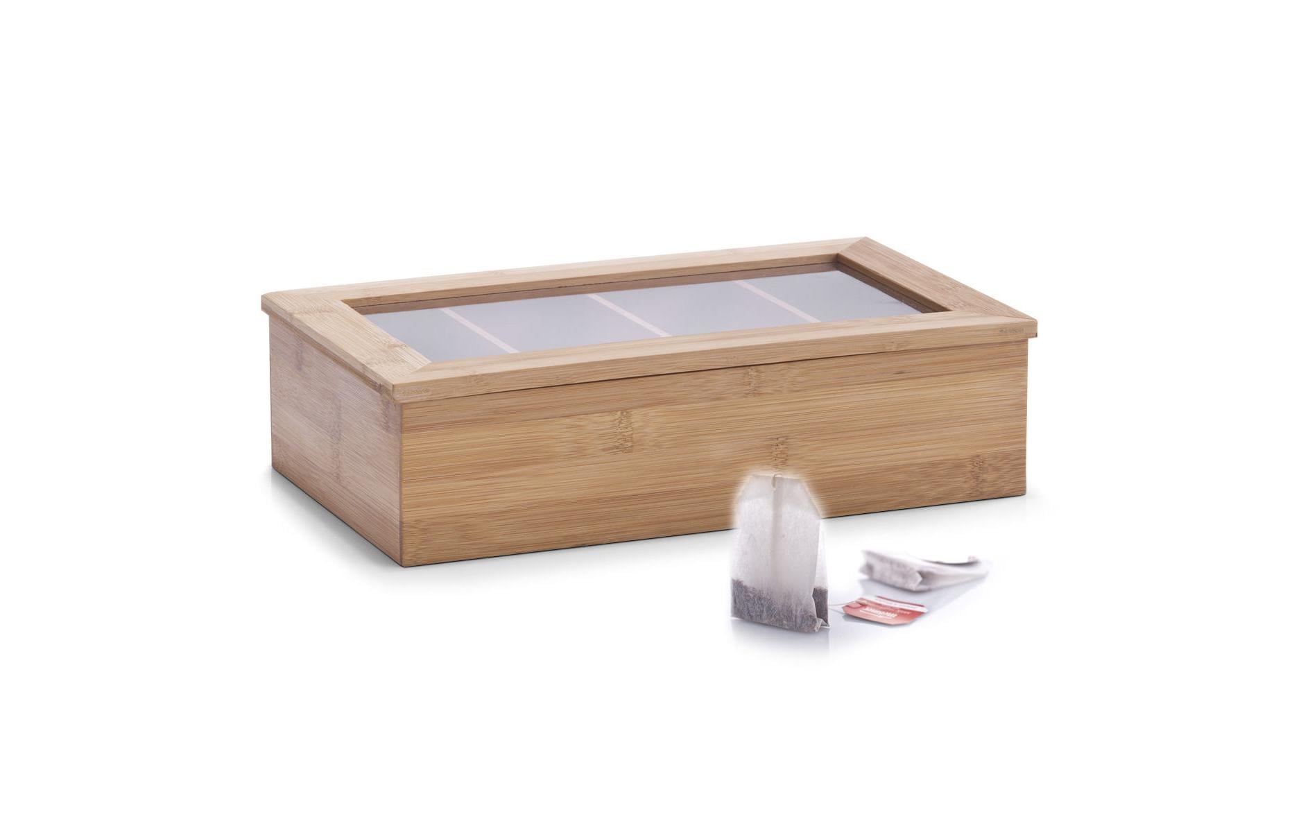 Zeller Present Teebeutelbox Bambus/Acryl, 4 Fächer, 33,5 × 20 × 9 cm, Braun