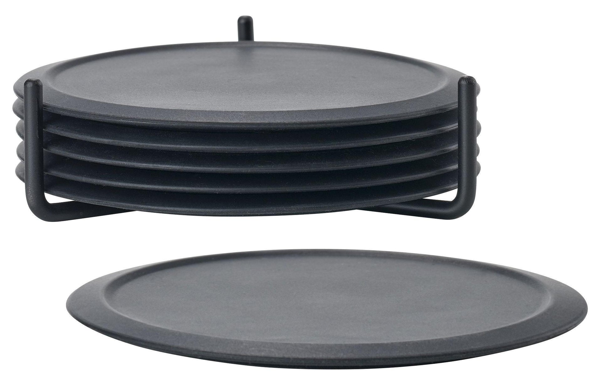 Zone Denmark Glasuntersetzer – 6er Set, Ø 10 cm, H 3,1 cm, Silikon/Metall, Schwarz, mit Halter, für Gläser