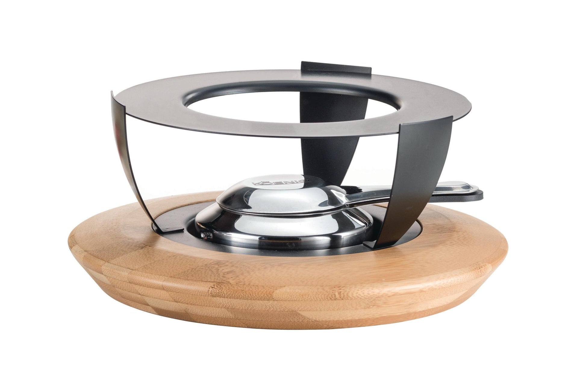 Koenig Fondue-Rechaud Bamboo – mit Pastenbrenner – Edelstahl & Bambus – Silber, Anthrazit – Ø 18,5 × 22 cm