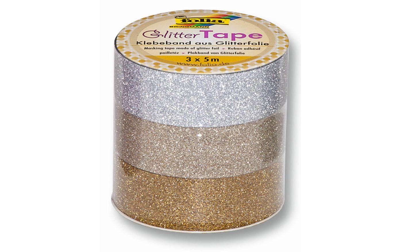 Folia Washi Tape Glitterfolie selbstklebend – mehrfarbig (Silber, Hellgold, Gold) – 15 mm × 5 m, 3er Set