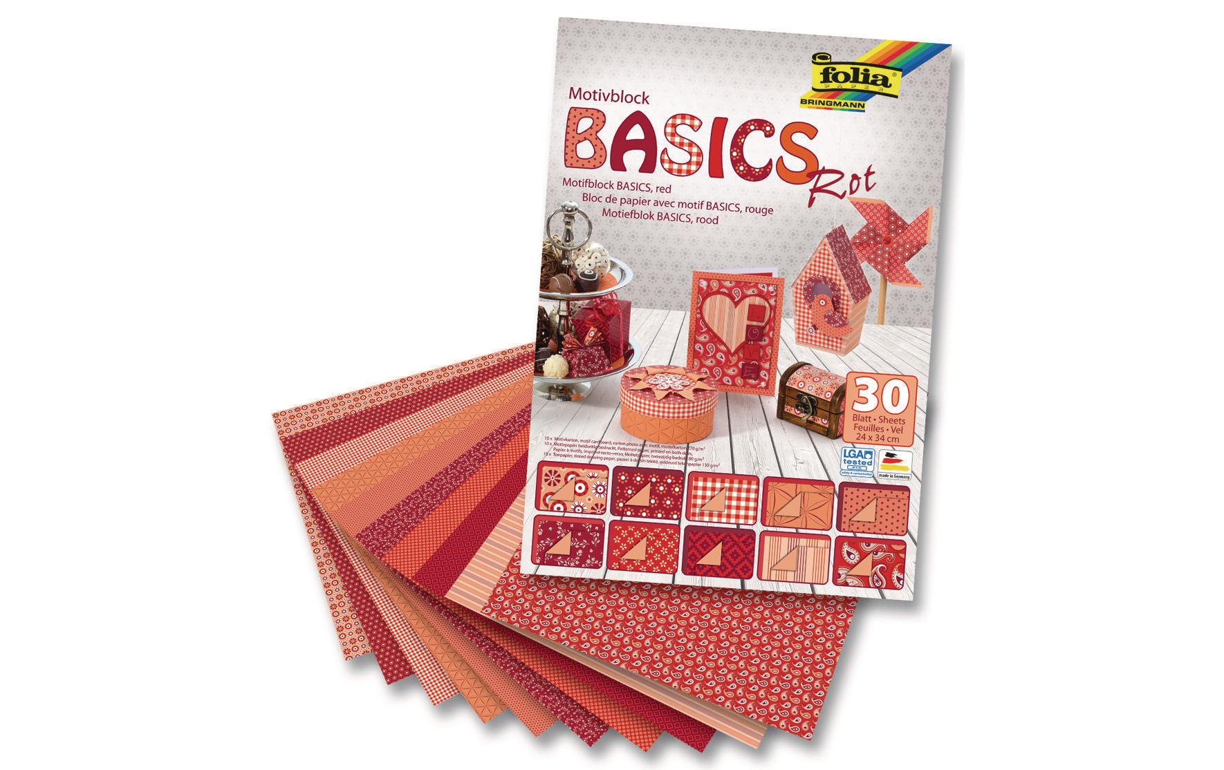 Folia Designpapierblock Basic – Rot – 30 Blatt, Kunstpapier