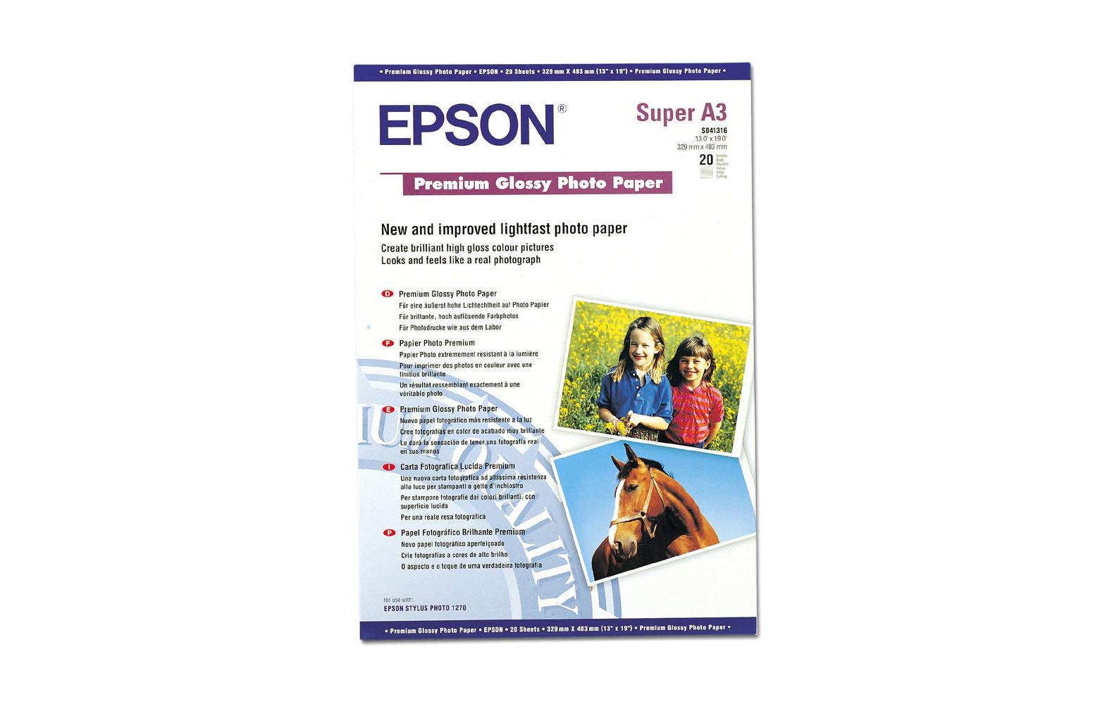 Epson Premium Glossy Fotopapier – hochglänzend, A3+, 250 g/m² – für Tintenstrahldrucker