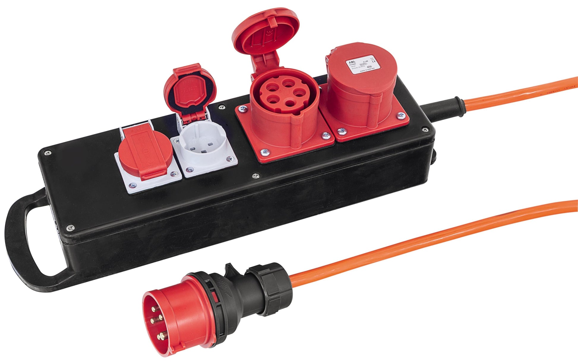 Steffen STEBA Gummi Steckdosenleiste, (2×CEE 16-5 + 2×T25), ohne Schalter, 5 m, Klappdeckel – schwarz/rot