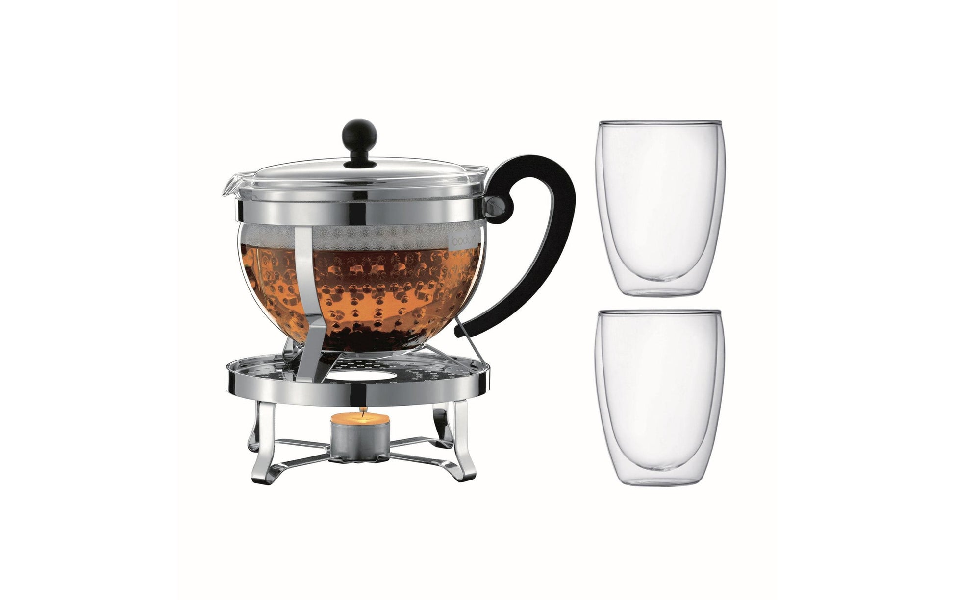 Bodum Teekannenset Chambord – 4-teiliges Set, 1,3 L, Ø 23,1 cm, Borosilikatglas/Edelstahl, spülmaschinenfest