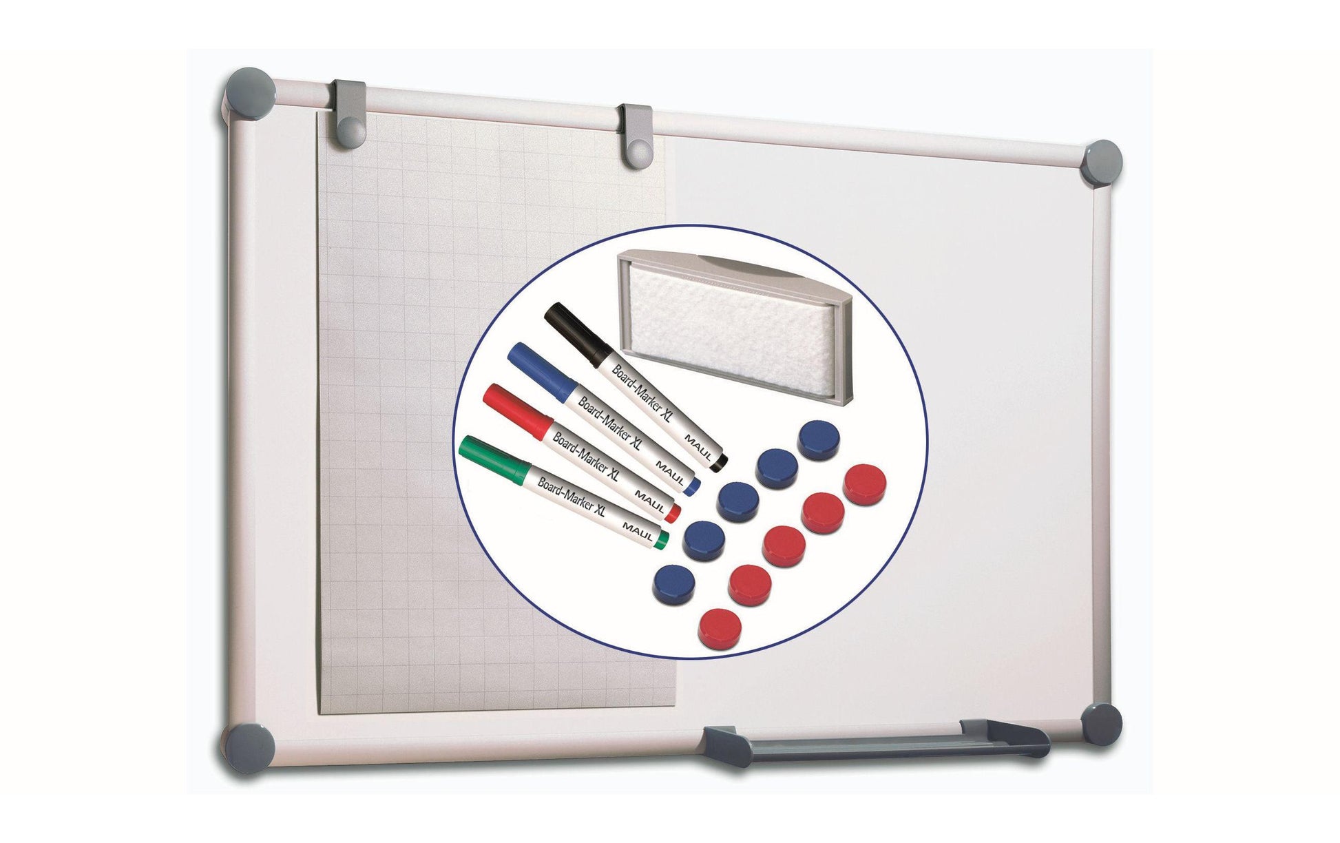 MAUL Whiteboard – 90 × 120 cm, Aluminiumrahmen, Wandmontage, inkl. 4 Marker, Tafellöscher, Ablageschale