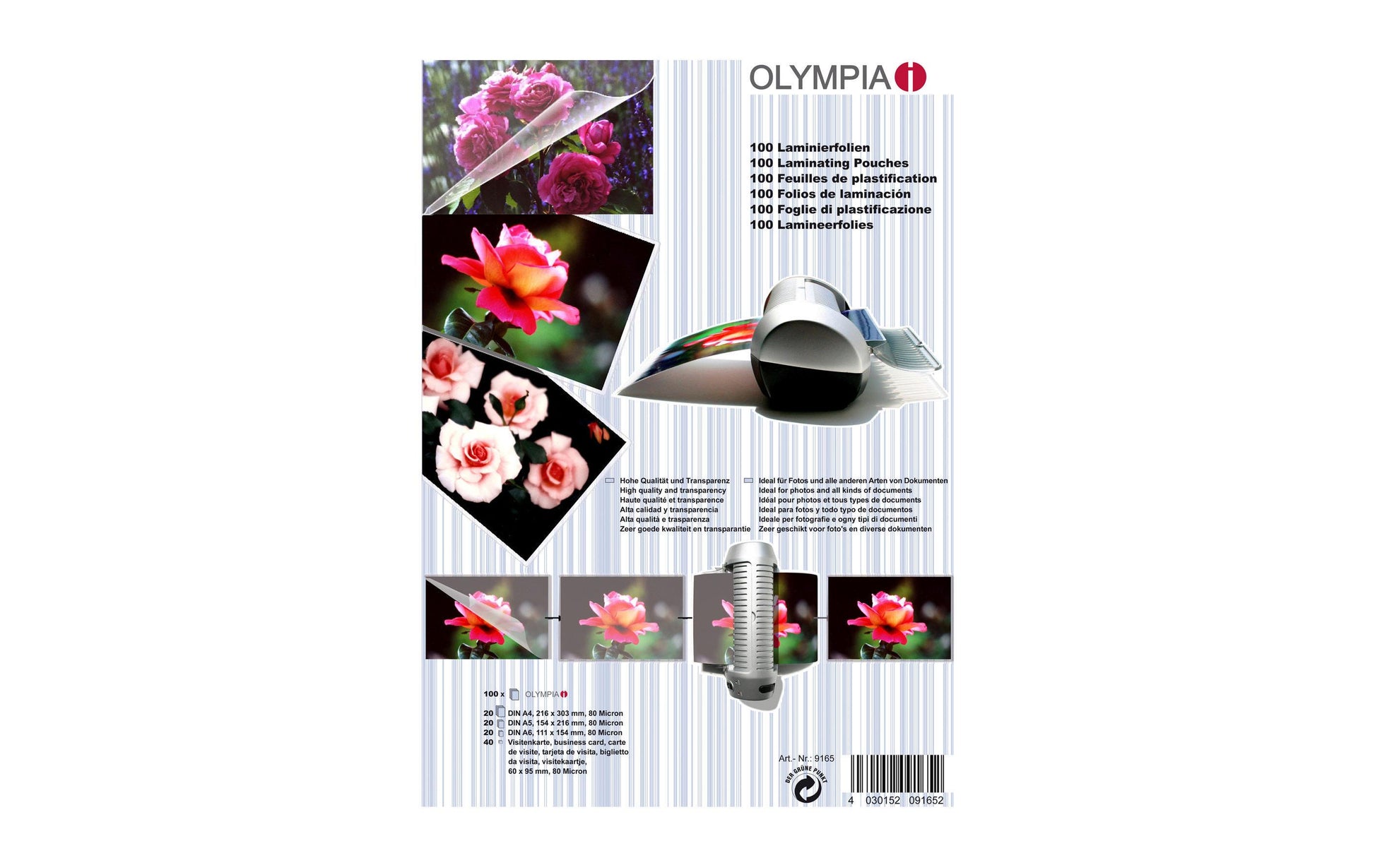Olympia Laminierfolien A4, A5, A6, 60 × 95 mm – 80 µm, glänzend, 100 Stück