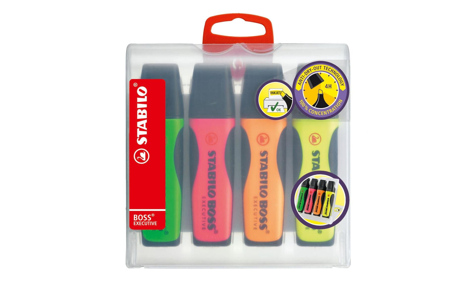 STABILO BOSS Textmarker Set 4 Farben – Keilspitze, 2–5 mm