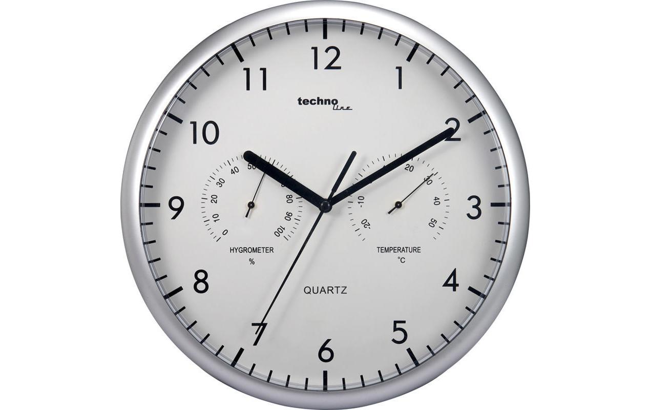 Technoline WT650 Wanduhr – Analog, Thermometer/Hygrometer, Ø 26 cm, Silber, Kunststoff