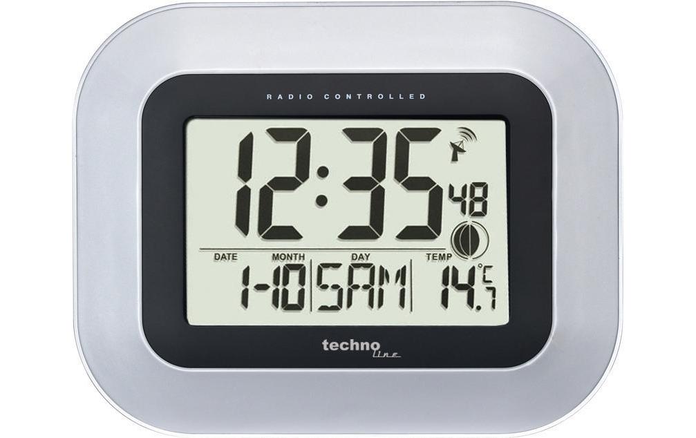 Technoline Digitale Wanduhr WS8005 – Funk – 22,6 × 18 × 3 cm, Silber, Kunststoff, Thermometer, Kalender