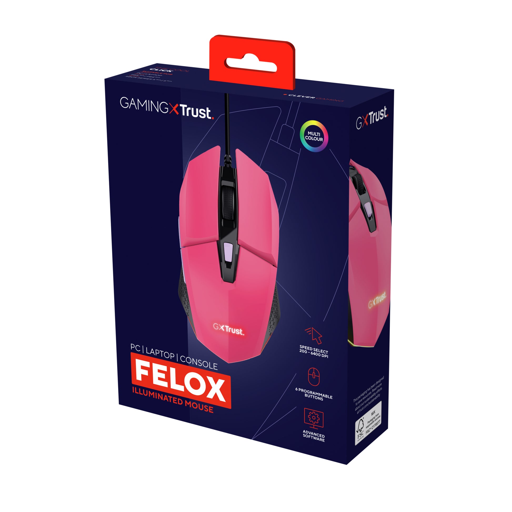Trust GXT109 Felox – Gaming-Maus – Kabelgebunden (USB-A), 6400 DPI, Beidhändig, Pink