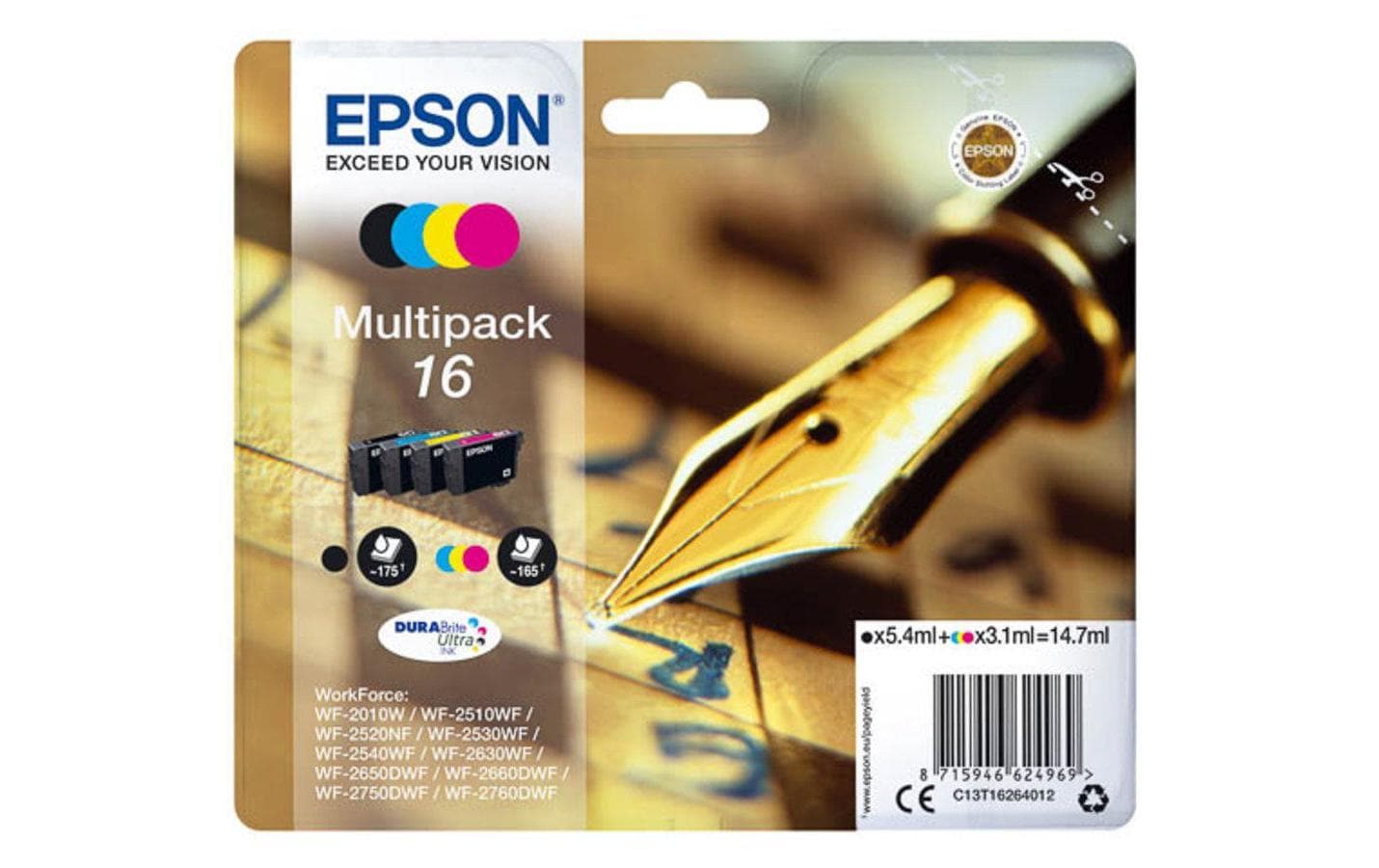 Epson Tintenpatronen-Multipack T1626, CMYK, 4er-Pack – für Inkjetdrucker/Multifunktionsgeräte