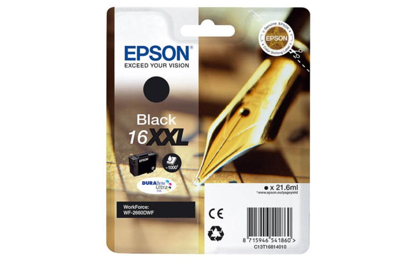 Epson 16XXL Schwarz Tintenpatrone (Original) – 1'000 Seiten – für WorkForce WF-2760DWF/2660DWF – C13T16814012