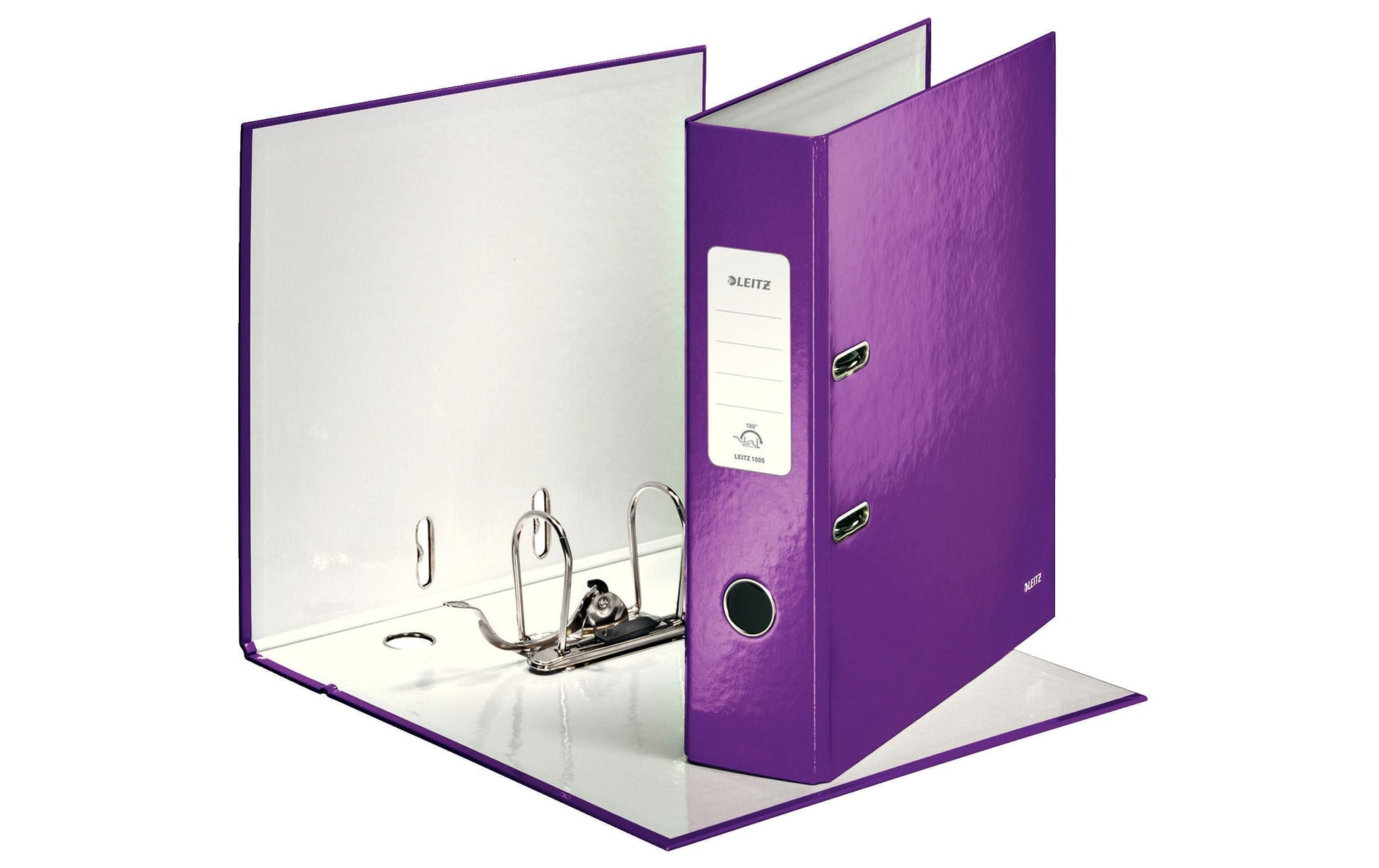 Leitz Ordner – A4 hoch – 2-Ring Hebelmechanik, Rücken 80 mm – violett, mit Griffloch, mit Raumsparösen, FSC