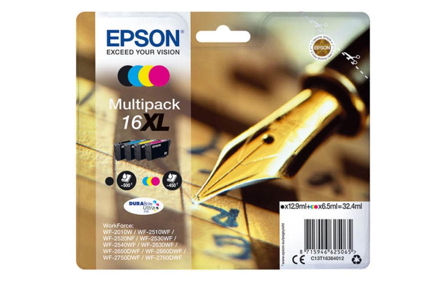 Epson Tintenpatronen-Multipack 16XL, CMYK, XL, 4er-Pack – für Inkjetdrucker/Multifunktionsgeräte